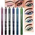 evpct 6Pcs Blue Colored Glitter Eyeliner Pencils Set delineadores de colores para ojos ojos contra el agua Dark Light Blue Green Purple Red Pink Metallic Colorful Liquid Eye Liner Set Women Waterproof