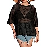 Milumia Women's Plus Size Sexy Short Sleeve See Through Sheer Mesh Tee Shirt Top Festival Concert Outfits