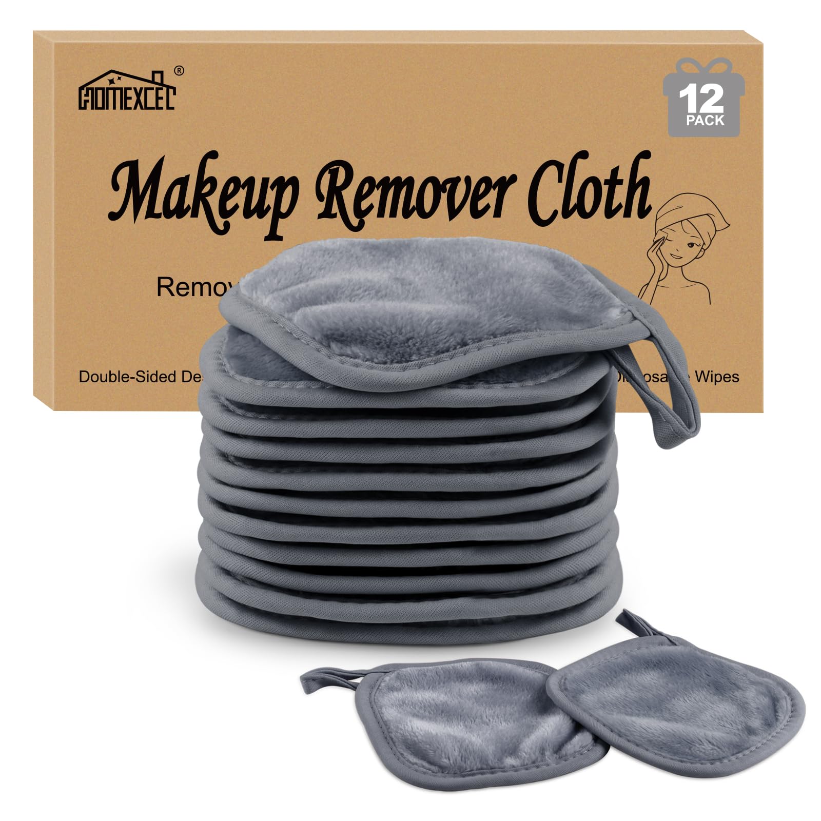 HOMEXCEL Makeup Remover Cloth 12 Pack,Reusable,Washable Ultra Soft Facial Cleansing Pads For All Skin Types,12.7 X 12.7 cm,Grey