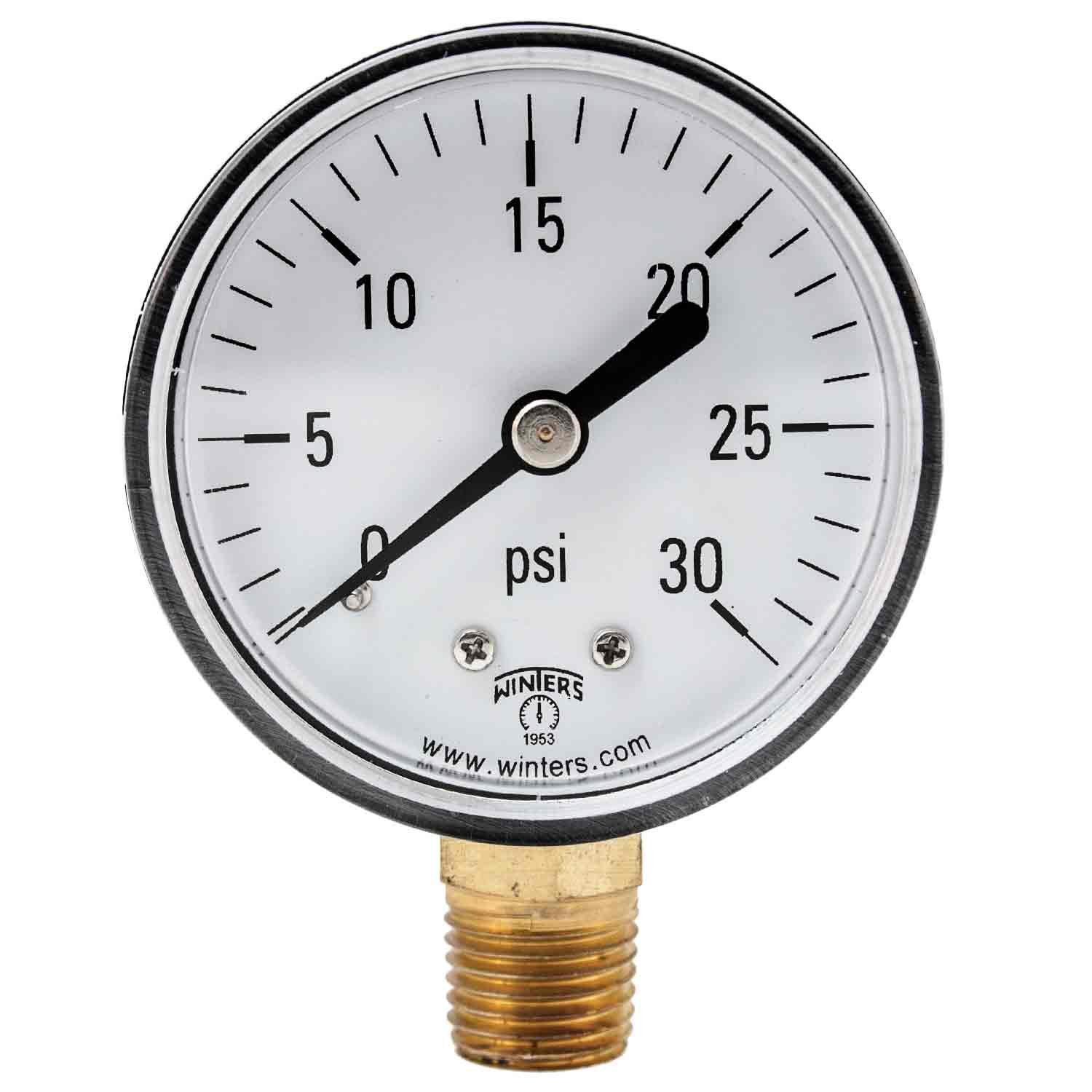Winters PEM Series Plastic Dual Scale Economical All Purpose Pressure Gauge with Brass Internals, 0-30 psi/kpa, 2" Dial Display, +/-3-2-3% Accuracy, 1/4" NPT Bottom Mount