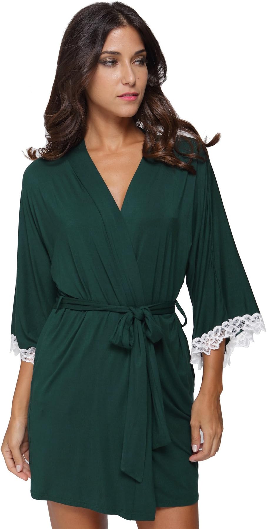 Women's Kimono Robe Soft Short Modal Cotton Bathrobe for Bride and Bridesmaid with Lace Trim