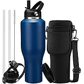 40oz Insulated Water Bottle that fits in Cup Holder - Water Cup with Spout Lid, Straw, Sleeve with Side Handle, Vacuum Stainless Steel Travel Tumbler Keep Cold 48h/Hot 24h