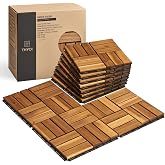 THYOI Premium Deck Tiles, 10 Pcs Patio Flooring - Golden Teak - Crossed | Square Joints - Interlocking Deck Tiles, 12"x12"x0.9" Waterproof Acacia Wood for Balcony, Backyard, Indoor &amp; Outdoor