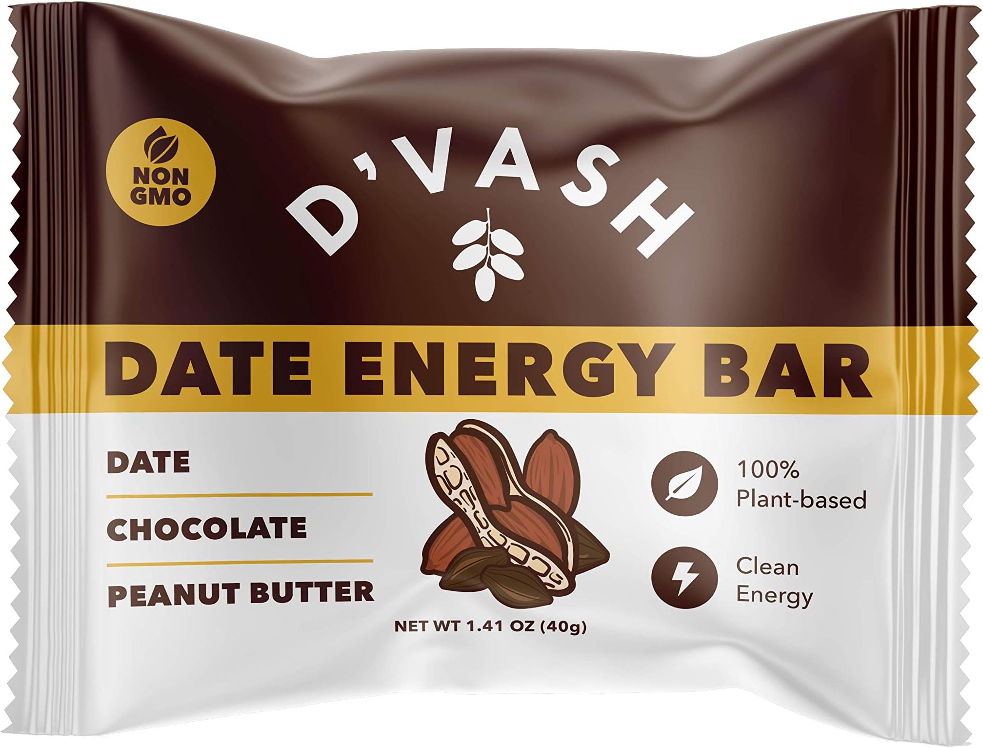 D'vash Cacao Peanut Butter Date Superfood Bars - 6 Pack, No Added Sugar, Vegan, Non-GMO, Kosher