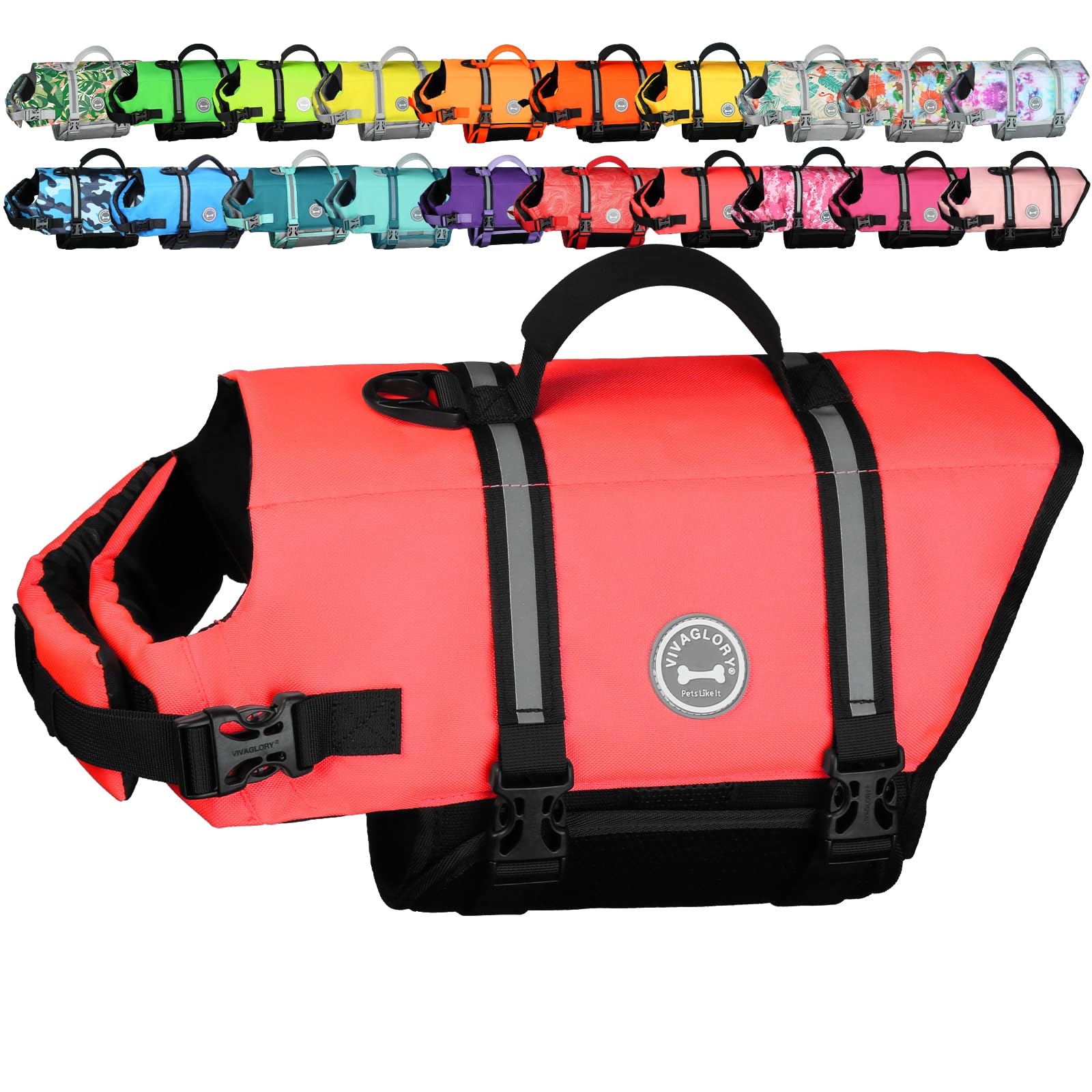 VIVAGLORY Rip Stop Dog Life Jacket, Buoyancy Aid with Handle, Buoyancy for Doggy, Dog Life Jacket for Swimming & Boating, L, Bright Pink