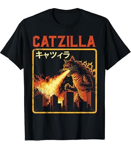 Amazon.com: Funny Cat Japanese Catzilla T-Shirt : Clothing, Shoes