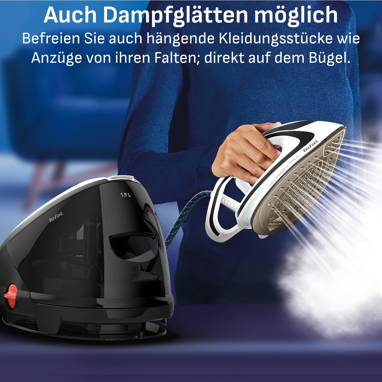Tefal Pro Express Ultimate Dampfbügelstation, starker 8-Bar-Druck, Dampfstoß: 520 g/Min., 1,9 L Wassertank, Antikalk-Kollektor, Anti-Tropf-System, Bügeleisen Dampfstation, schwarz/weiß, GV9550 2