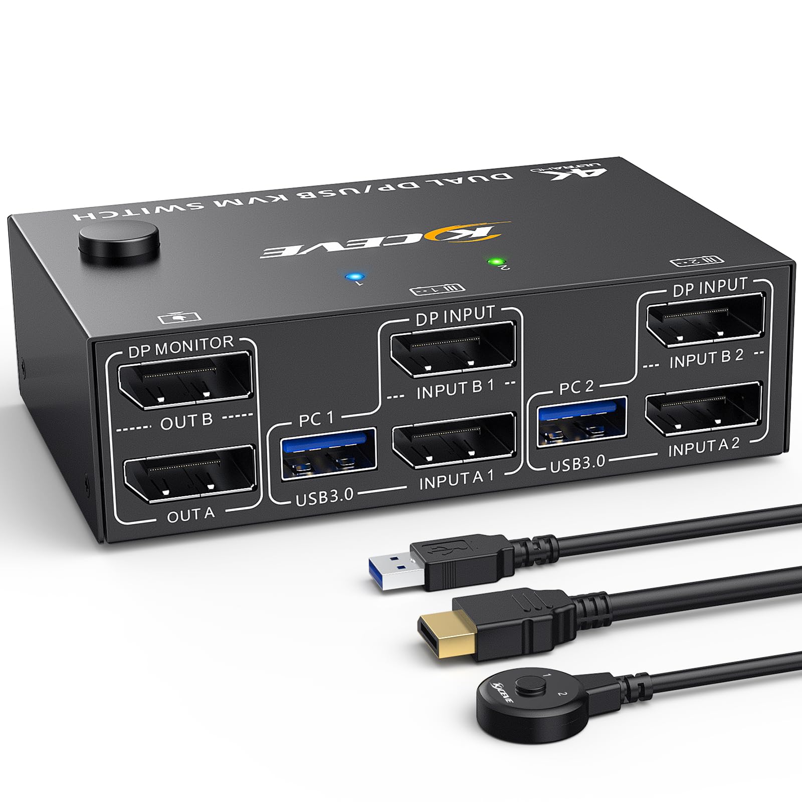 KVM Switch 2 Monitors 2 Computers 8K@30Hz 4K@144Hz, Dual Monitor KVM Switch DisplayPort with 4 USB 3.0 Ports for 2 PC/Laptops, Support Extended & Copy Mode, with DP+USB Cable and Desktop Controller