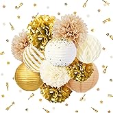 NICROHOME EUR White Gold Party Wedding Decorations, 12 PCS White Gold Champagne Tissue Paper Pom Poms Lanterns and Confetti 50G Set for Bridal Shower Wedding Birthday Prom Anniversary Table Decor