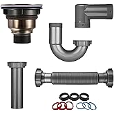JHBKing Kitchen Sink Drain Kit, 3-1/2 Inch Strainer With 1-1/2 Inch P-Trap | Basket, Gaskets, Tailpiece Included, Flexible Wall or Floor Outlet, Leak-Proof, Tool-Free
