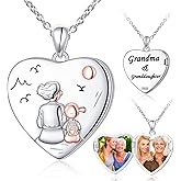 Heart Locket Necklaces S925 Sterling Silver Grandma and Granddaughter Keepsake Memory Jewelry Hold Picture Photo Locket Heart Pendant Necklace Gifts for Women Grandma Mom Daughter Granddaughter