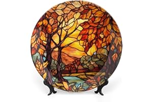 GOKAYS Autumn Decorative Plates, Stained Glass Design Fall Tree Landscape Display Plate for Home Office Kitchen Table Decor Porcelain Plates 7 Inch, Thanksgiving Gifts