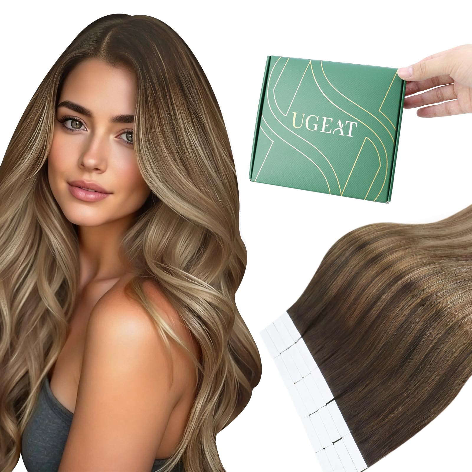 Ugeat Golden Brown Hair Extensions Tape in Human Hair 18 Inch Ombre Remy Tape in Hair Extensions Human Hair Balayage Brown Mix Golden Blonde Comfortable 50G 20Pcs #4/10/16 — image 1