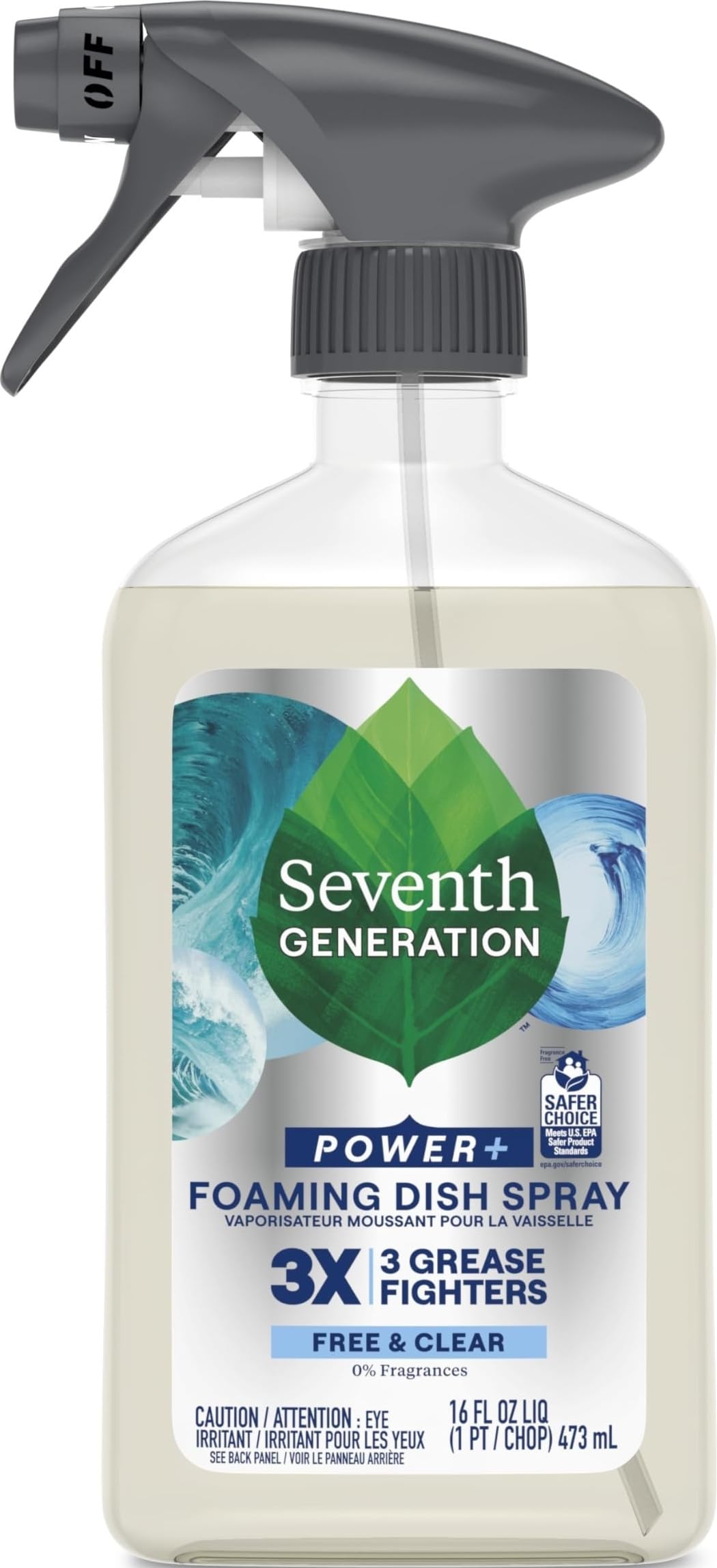 Seventh Generation Foaming Dish Spray, 3X Grease Fighters, Free & Clear, 16 Fl.