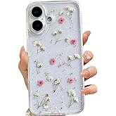 LSEEKA for iPhone 16 Clear Case with Pressed Real Flowers Design,Glitter Cute Pink Floral Pattern Slim Soft TPU Protective Women Girl's Phone Cover for iPhone 16
