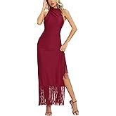 Aigeman Women Vintage Flapper Dresses 1920s Great Gatsby Halter Fringed Maxi Dress Tassels High Split Formal Dress 19