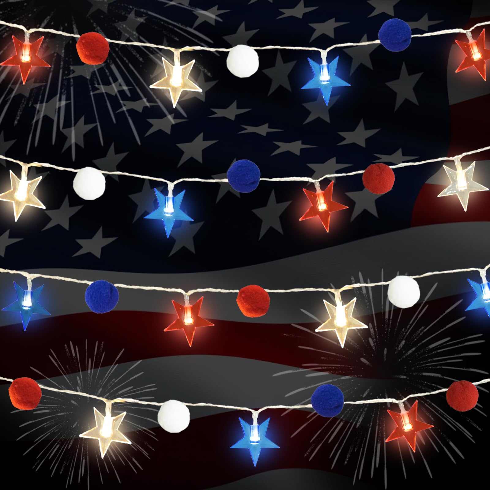 Photo 1 of 4th of July Decorations 9.85FT Red White and Blue Star String Lights Pom Pom Star Lights Battery Operated with Timer Fairy Lights for Independence Day Memorial Patriotic Fourth of July Decor for Home