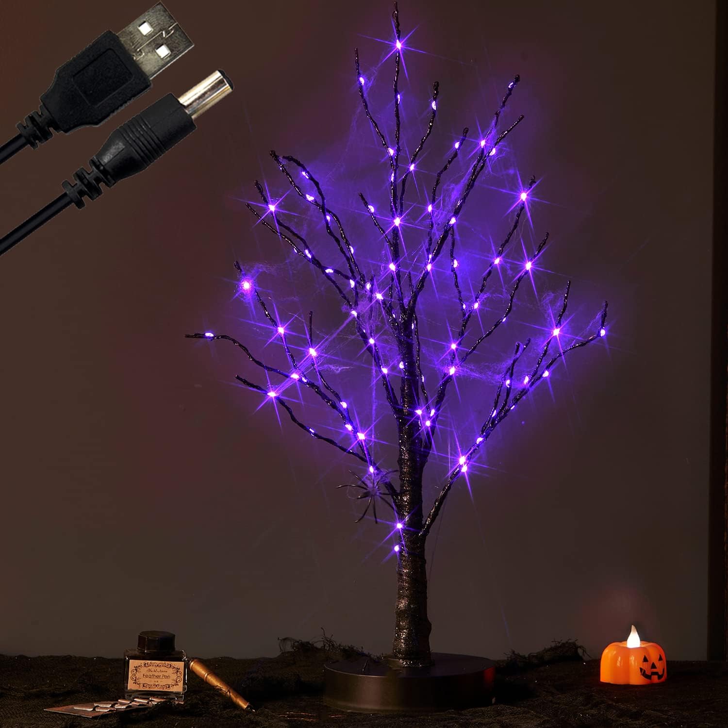 Trees - Fudios Lighted Halloween Tree with Timer 80 LED Purple Lights USB Plug or Battery Operated,18in Pre-lit Spooky Black Trees Table Indoor Home Decor