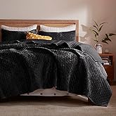 LEAONME Velvet Quilt King Size 98''x106'', Lightweight Black Velvet Comforter Set with 2 Matching Shams, Soft Cross Stitch Bedspread Coverlet Bedding Set for All Season