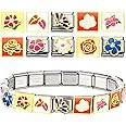 Vercraft 10 Pcs Italian Charm Floral Bracelet Sets 9mm Italian Charms Bracelet Link DIY Modular Stainless Steel Traditional Classic Type Flower for adults to Create Personalized Bracelet Gift