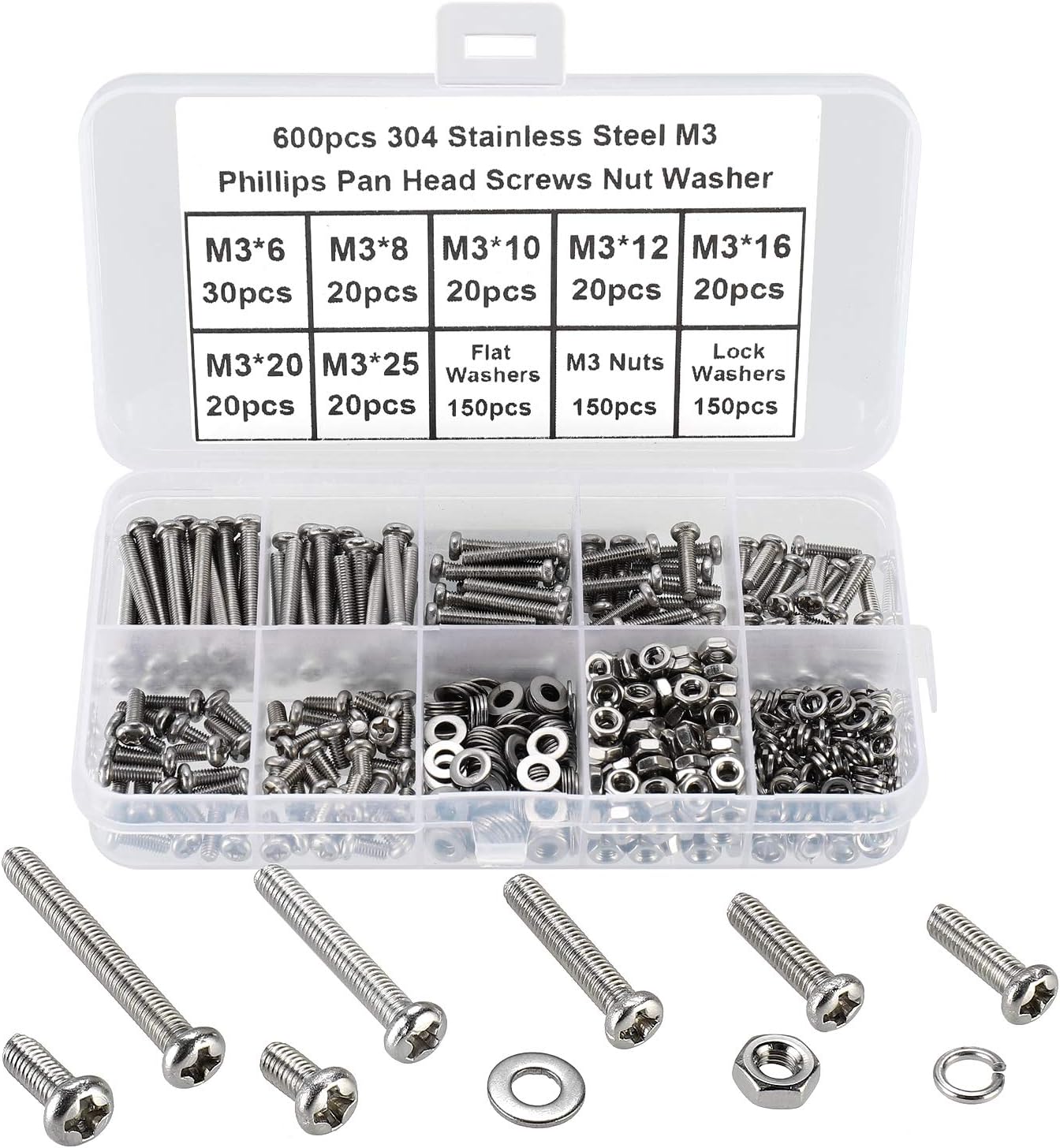 FandWay 600Pcs M3 Bolts and Nuts Set,Pan Head Machine Screws DIN 7985,Cross Round Head Screws,304 Stainless Steel Bolts and Washers Set Phillips Drive Fully Threaded With Storage Box