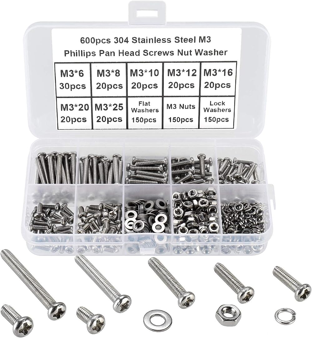 FandWay M3 x 6-25mm Pan Head Machine Screws Nuts Washers Set 304 Stainless