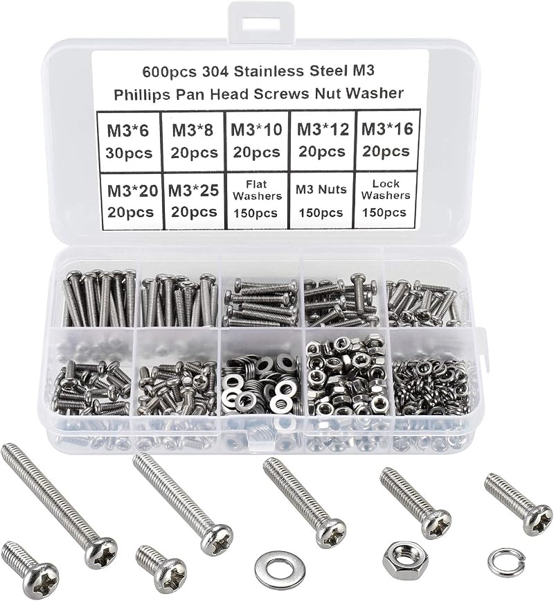 FandWay M3 x 6-25mm Pan Head Machine Screws Nuts Washers Set 304 Stainless