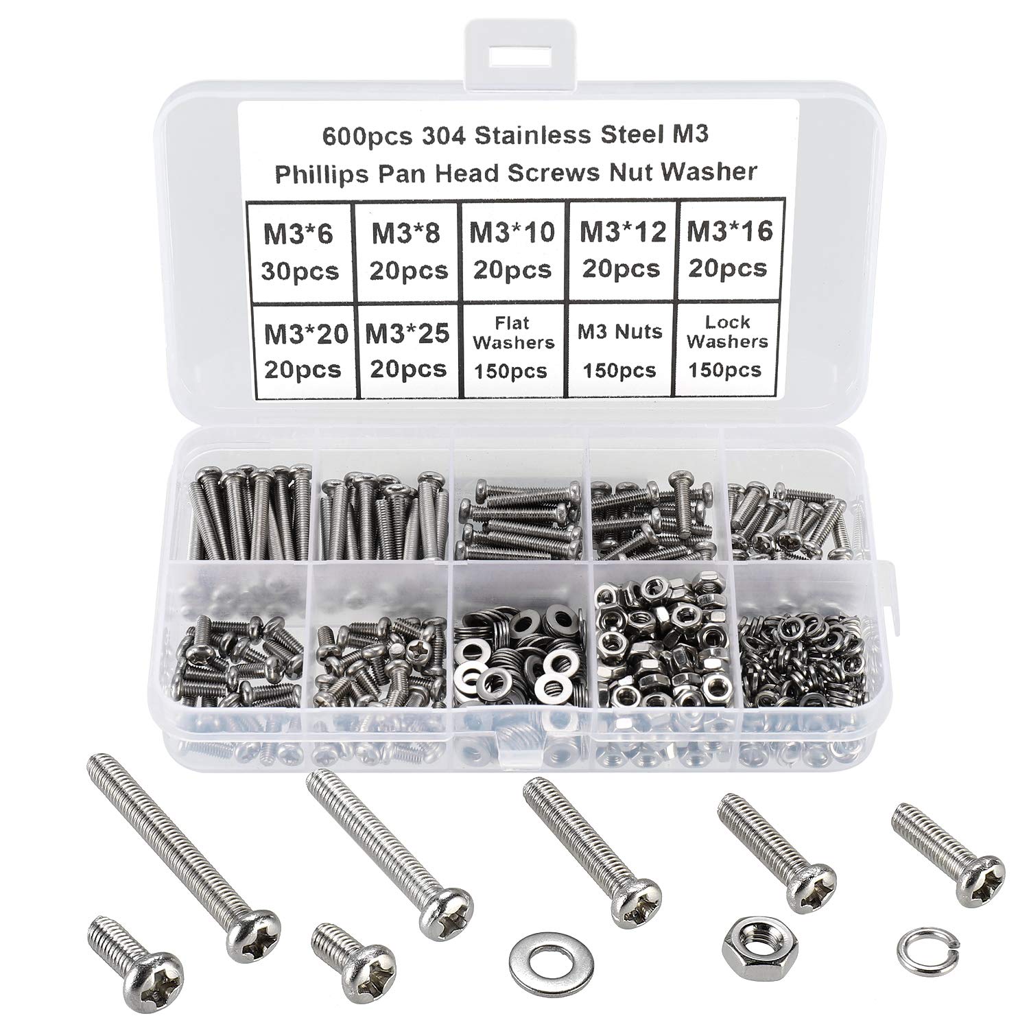 FandWay 600Pcs M3 Bolts and Nuts Set,Pan Head Machine Screws DIN 7985,Cross Round Head Screws,304 Stainless Steel Bolts and Washers Set Phillips Drive Fully Threaded With Storage Box.