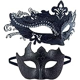 Harseyleam Masquerade Masks Set for Couples, Venetian Roman Face Masks with Shiny Rhinestone Metal for Mardi Gras Party Props