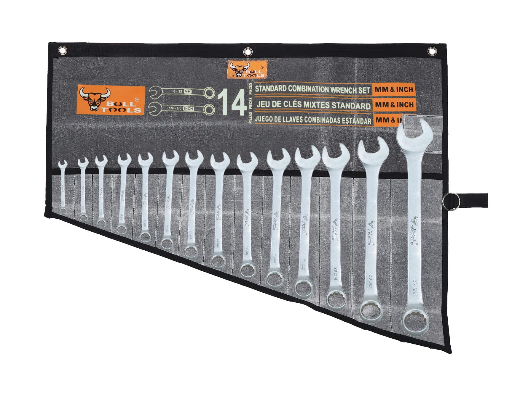 Wrench Roll Up Pouch Organizer Metric & SAE Tool Pouch Bag Hand-Crafted Heavy Weight Handmade 100% Cotton Canvas 14 Pockets - Waxed & Washed Coal Black/Grey