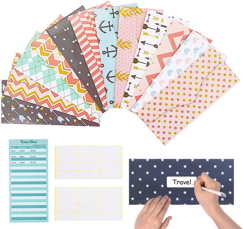 MAMUNU 12PCS Budget Envelopes for Cash System, Waterproof Cash Envelopes for Budgeting Saving Money, Money Envelopes with 12 Budget Sheets (Style 01)