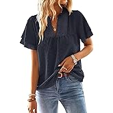 Falechay Womens Tops Butterfly Sleeve V Neck Blouses for Women Dressy Casual Flowy Swiss Dot Ruffle Short Sleeve Shirts