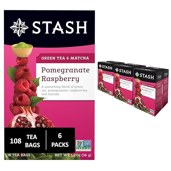 STASH TEA POMEGRANATE RASPBERRY & MATCHA GREEN TEA – CAFFEINATED, NON-GMO PROJECT VERIFIED PREMIUM TEA WITH NO ARTIFICIAL INGREDIENTS, 18 COUNT (PACK OF 6) – 108 BAGS TOTAL