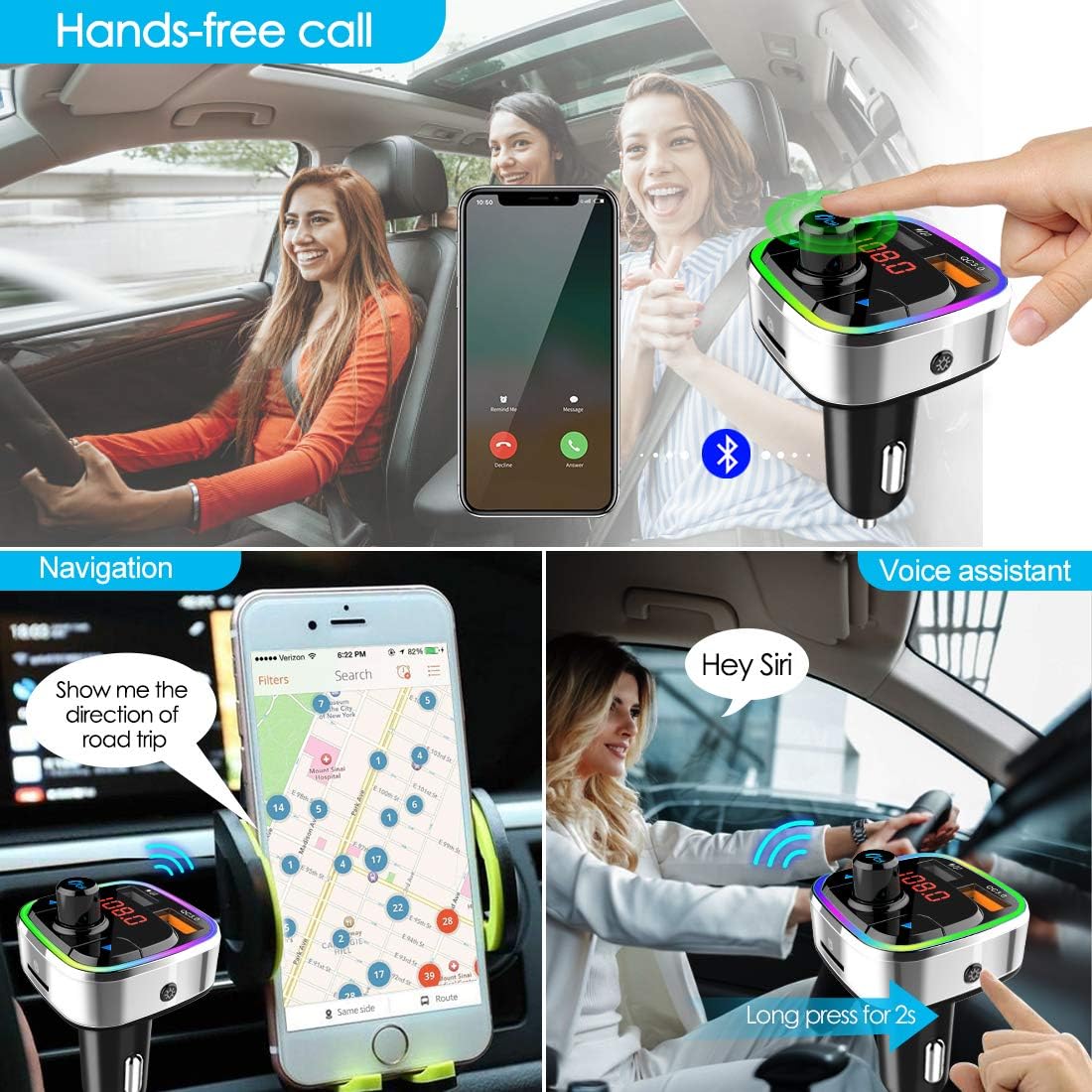 Bluetooth 5.0 Car FM Transmitter,QC3.0 Wireless Bluetooth Car Adapter Mp3 Music Player Car Kit with Hands-Free Calling and 2 USB Charge,LED Backlit,Play TF Card/USB for All Smartphones Audio Players: MP3 Players & Accessories