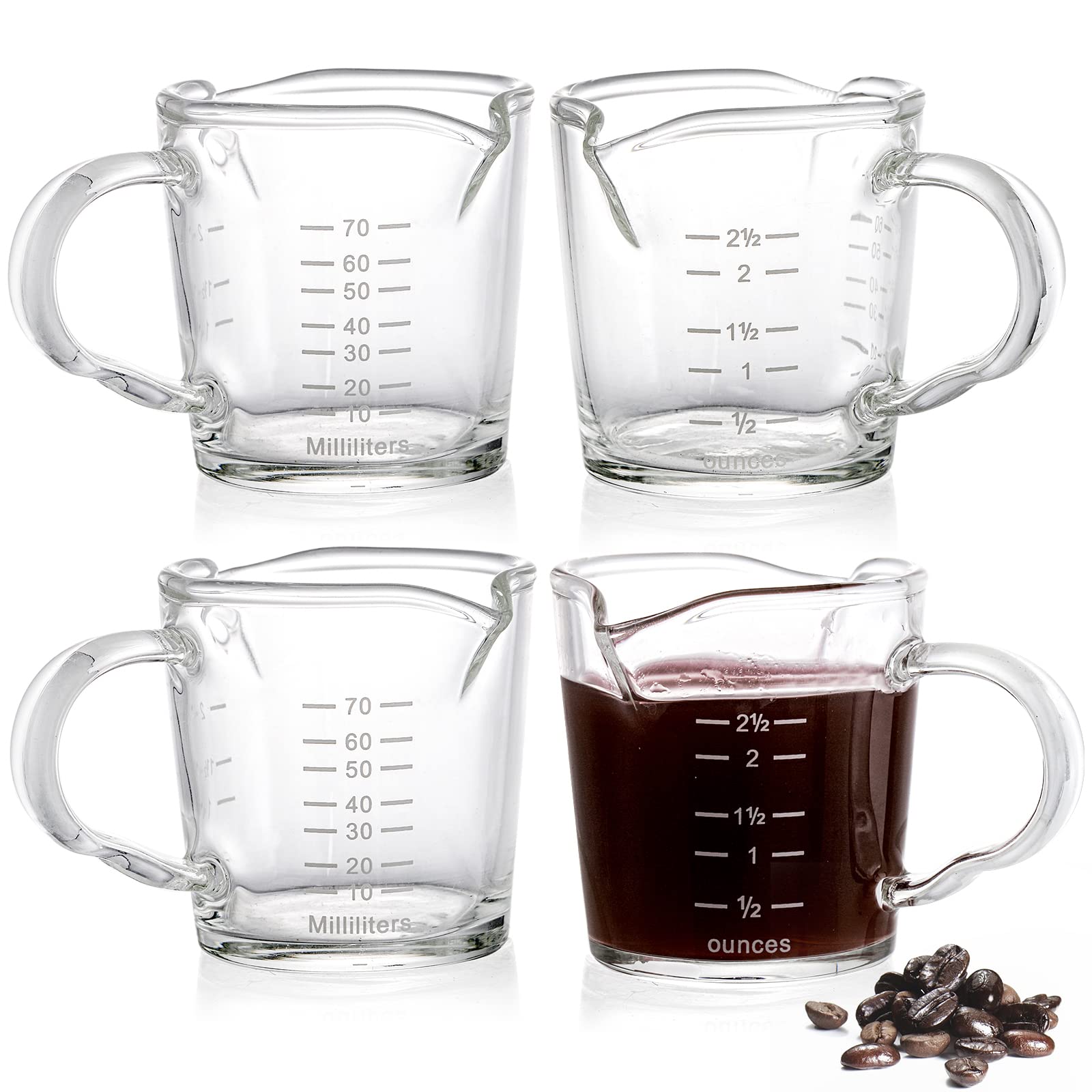 Photo 1 of **Only 3** Hacaroa 4 Pack Double Spouts Measuring Cups Espresso Shot Glass with Handle, 2.5 Oz Mini Milk Triple Pitcher Barista Clear Graduated Cups for Coffee, Wine, Bar, Party