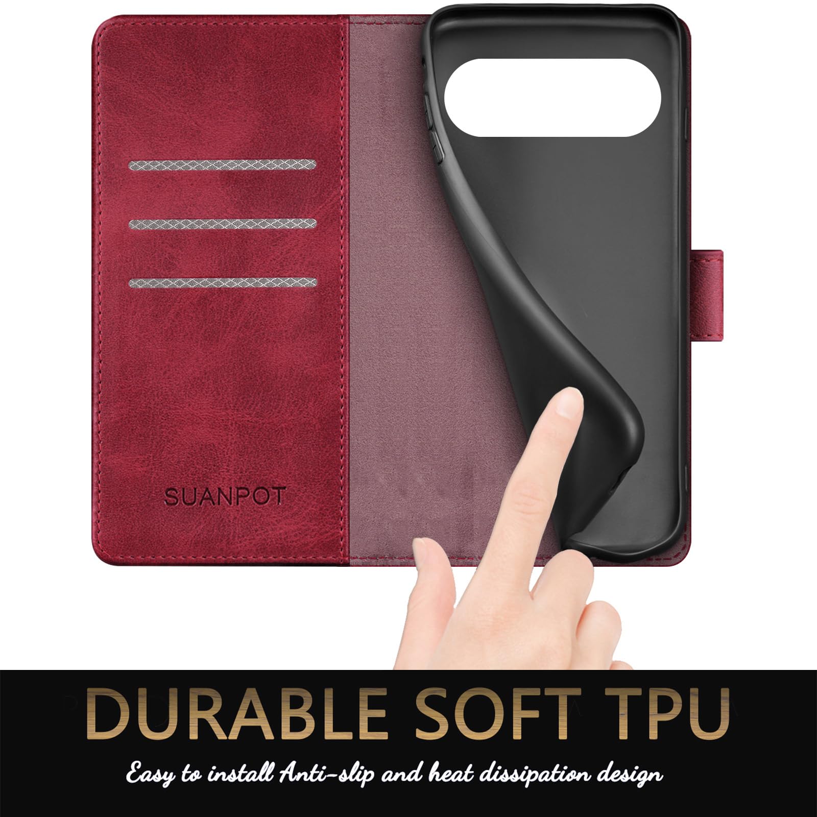 SUANPOT [RFID Schutz für Google Pixel 10 Pro XL Hülle PU Leder Handyhülle Lederhülle Klapphülle Kartenfach Flip Cover für Pixel 10 Pro XL Handy hülle Leather Wallet Phone Case Rot 6