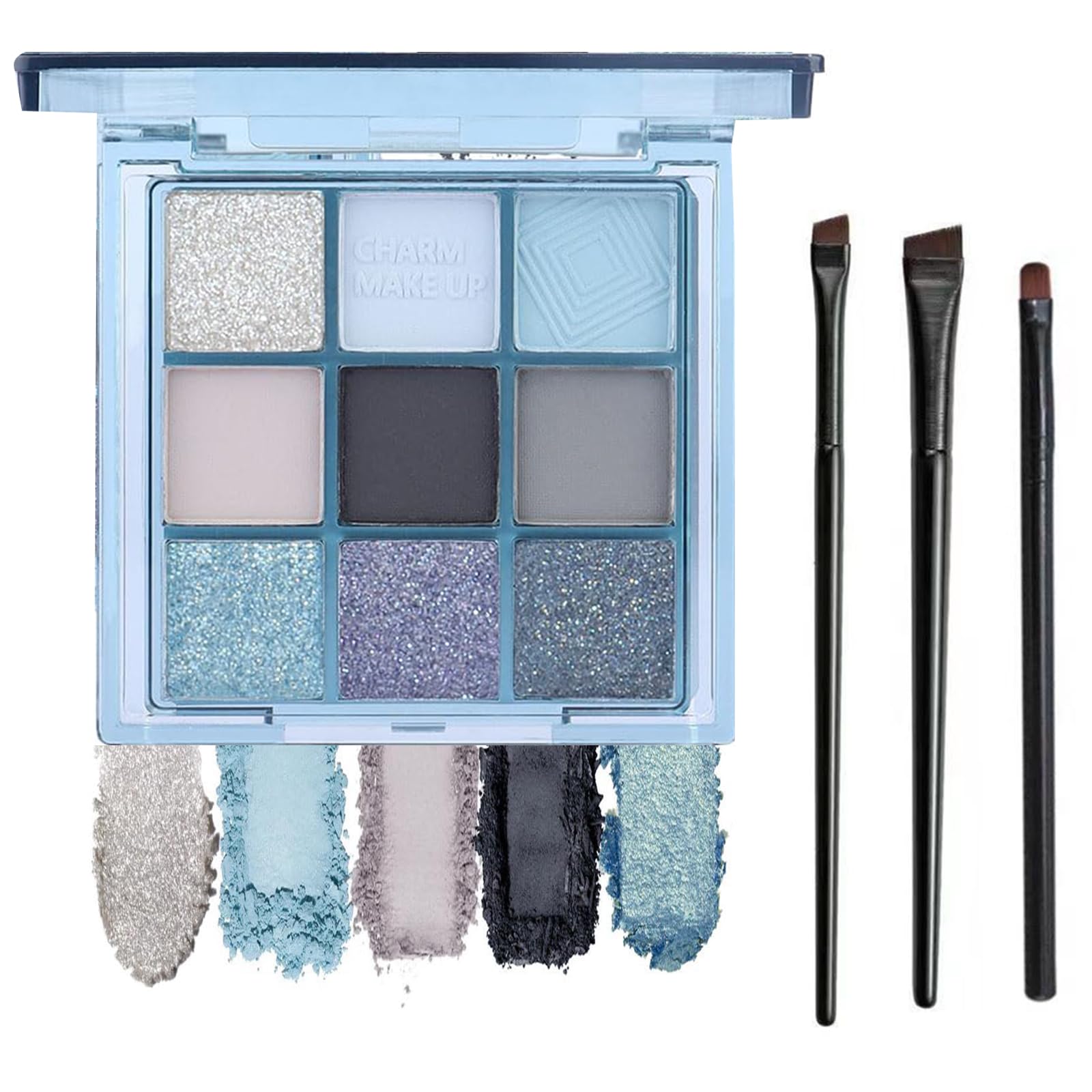 Blue Eyeshadow Palette & 3 Shadow Brushes for Women - Light Glitter Makeup for Parties and Nights Out