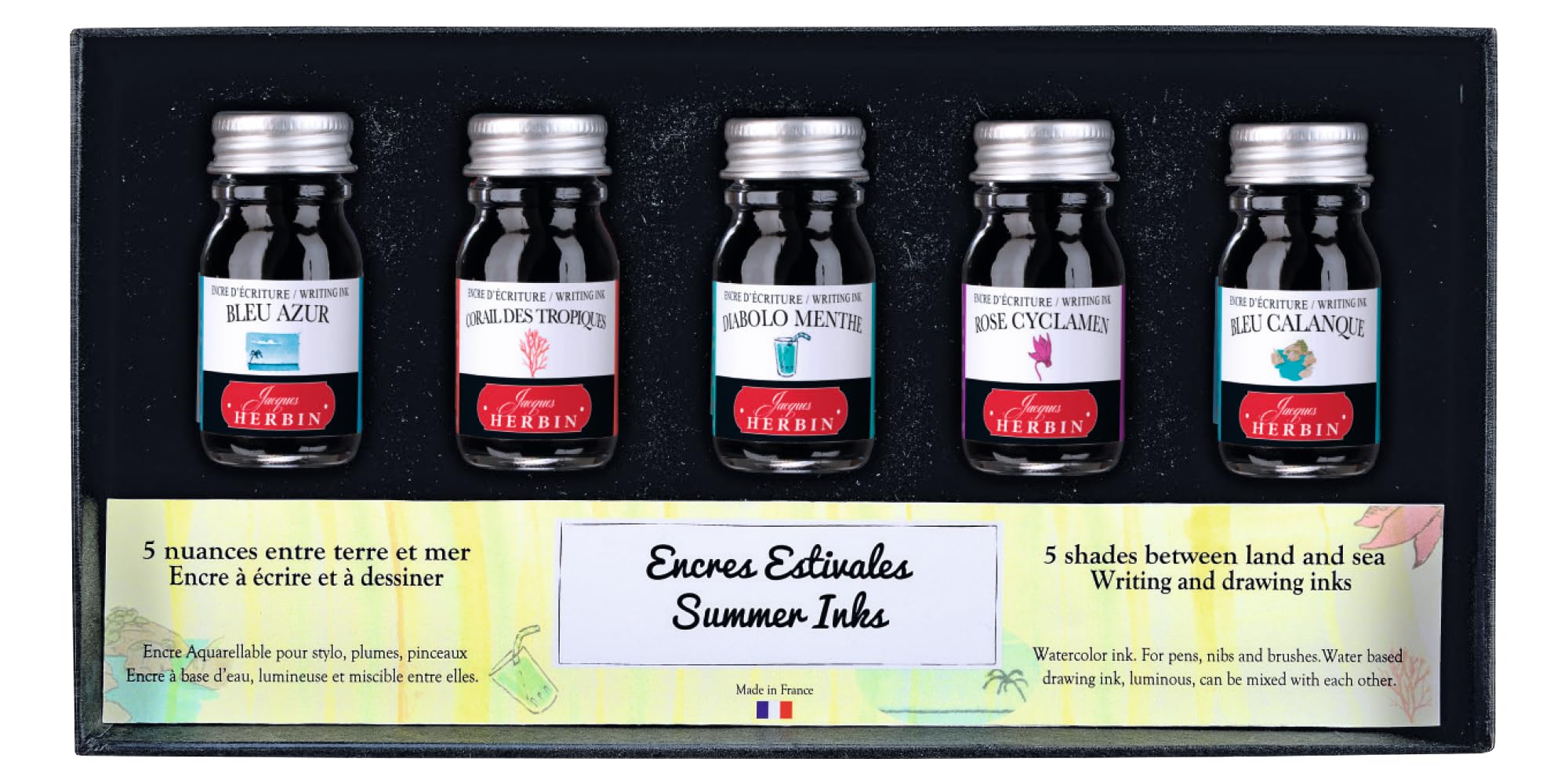 Jacques Herbin 18502T - Set of 5 bottles of 10 ml ink for fountain pens and rollerball pens, assorted summer Colours. Made in France - Drawing - Writing