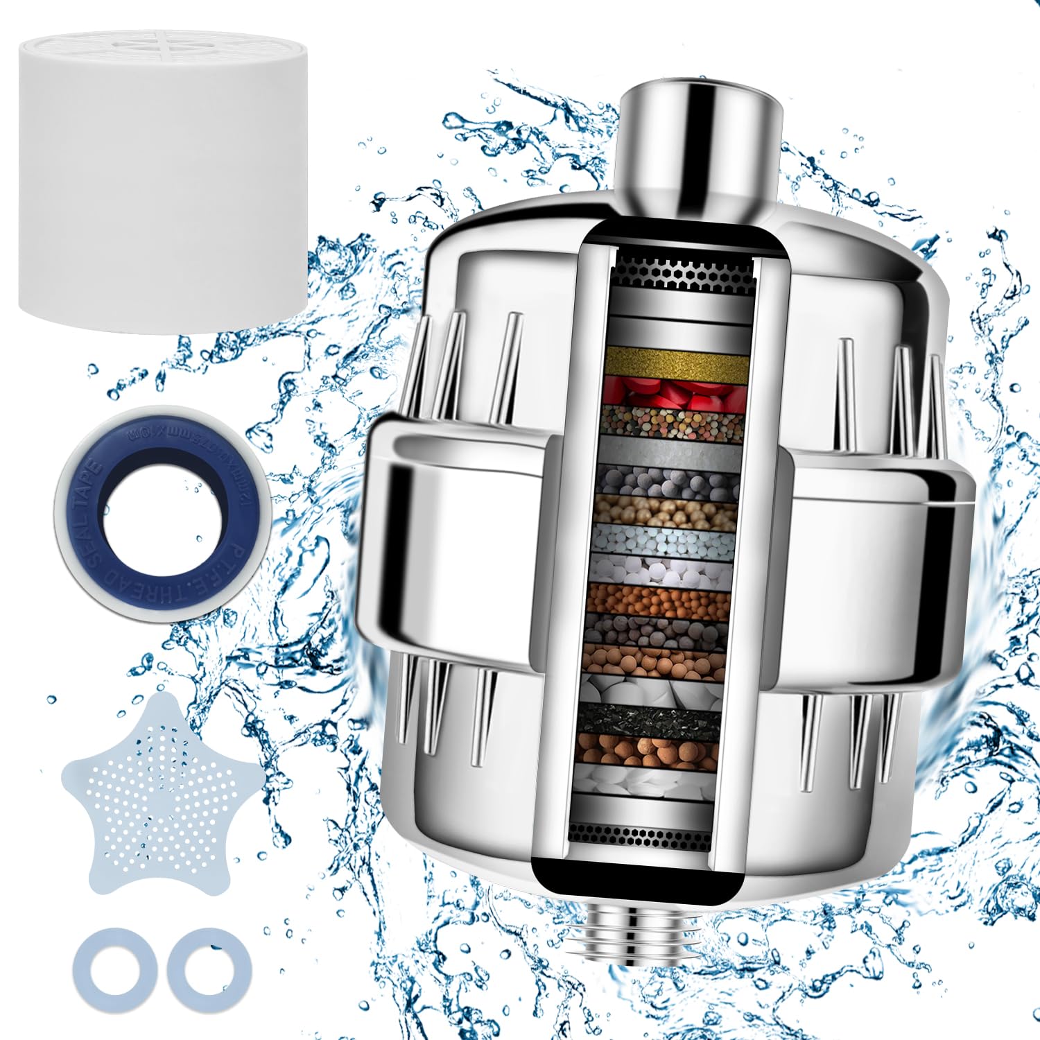 Shower Filter 36 Stage with Vitamin C for Hard Water - Water Softener Shower Head Filter with Replaceable Multi-Stage Filter Cartridge to Remove Chlorine, Heavy Metal