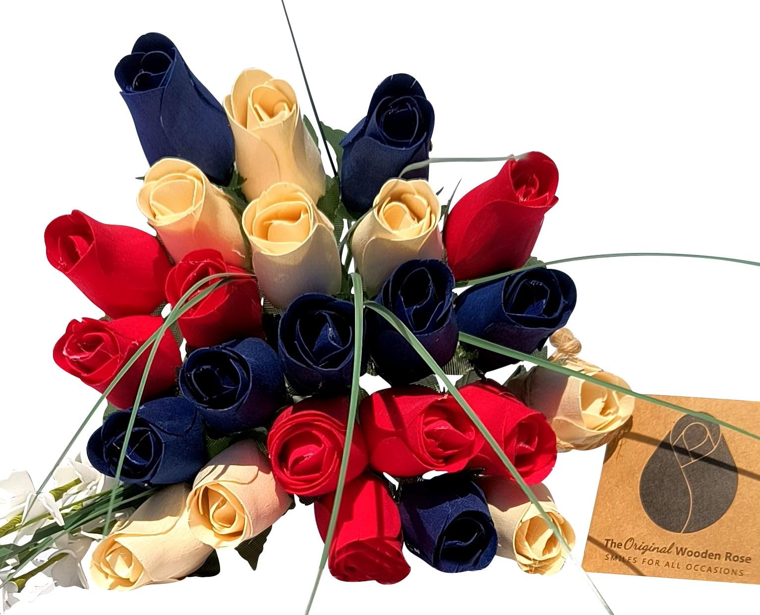The Original Wooden Rose Patriotic Holiday Flowers Red, White, and Blue The Original Wooden Rose Fourth of July Memorial Day Presidents Day (2 Dozen)