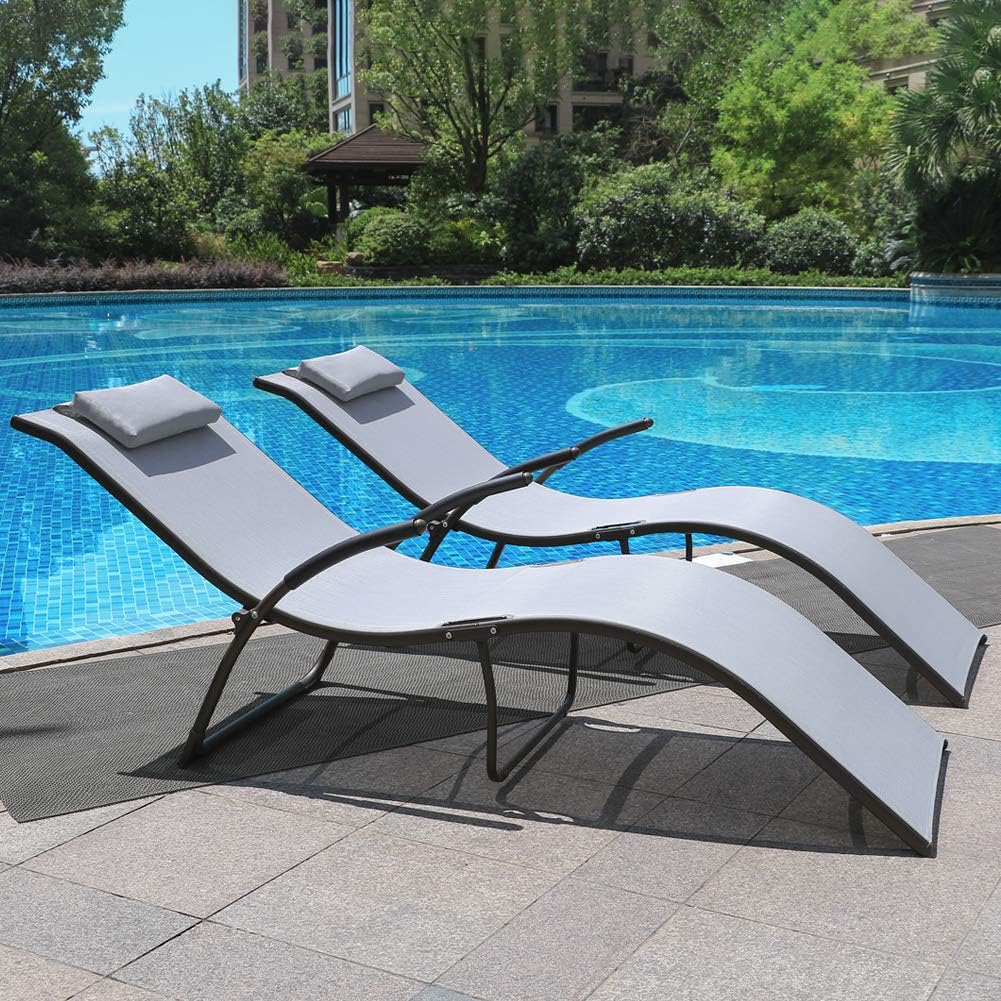 Crestlive Products Patio Chaise Aluminium Folding Lounge Chairs with Pads Outdoor Recliner All Weather Furniture in Brown Finish for Lawn, Beach, Deck, Poolside Sunbathing(2 PCS Light Gray): Garden & Outdoor