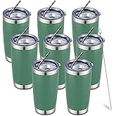 COMOOO 20oz 8 Pack Tumbler Double Wall Vacuum Insulated Coffee Travel Mug Stainless Steel Tumbler Bulk with Lid and Straw Insulated Coffee Cup for Cold & Hot Drinks (dark green, 8 Pack)