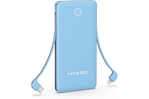 MIISSO 10000mAh Compatible with iPhone 15/16/17 and Android, Slim Portable Charger with Built in Cable, Power Bank Travel Charger External Battery Pack for Phone, 3 Output USB Type C Cord, Blue