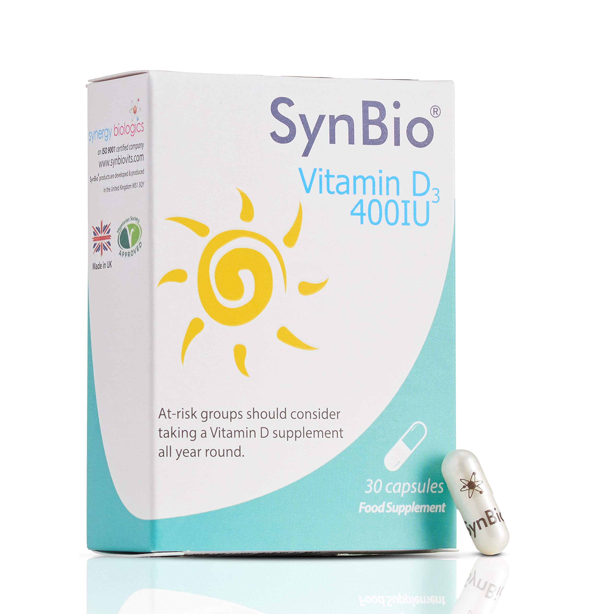 SynBio Vitamin D3 400 IU | 30 Capsules - One Month Supply | Peanut Free - Nut Free - Vegetarian Society Approved - SOYA Free - Dairy Free - Yeast Free - Sugar Free - Gelatin Free - Made in The UK
