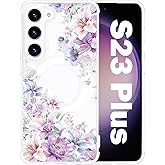 Tcaraersing for Samsung Galaxy S23 Plus Magnetic Crystal Clear Flower Case MagSafe Hard PC Back Soft TPU Edges Slim Thin Shockproof Floral Pattern Phone Cover Girls Women Galaxy S23+ 6.6'', Hydrangea