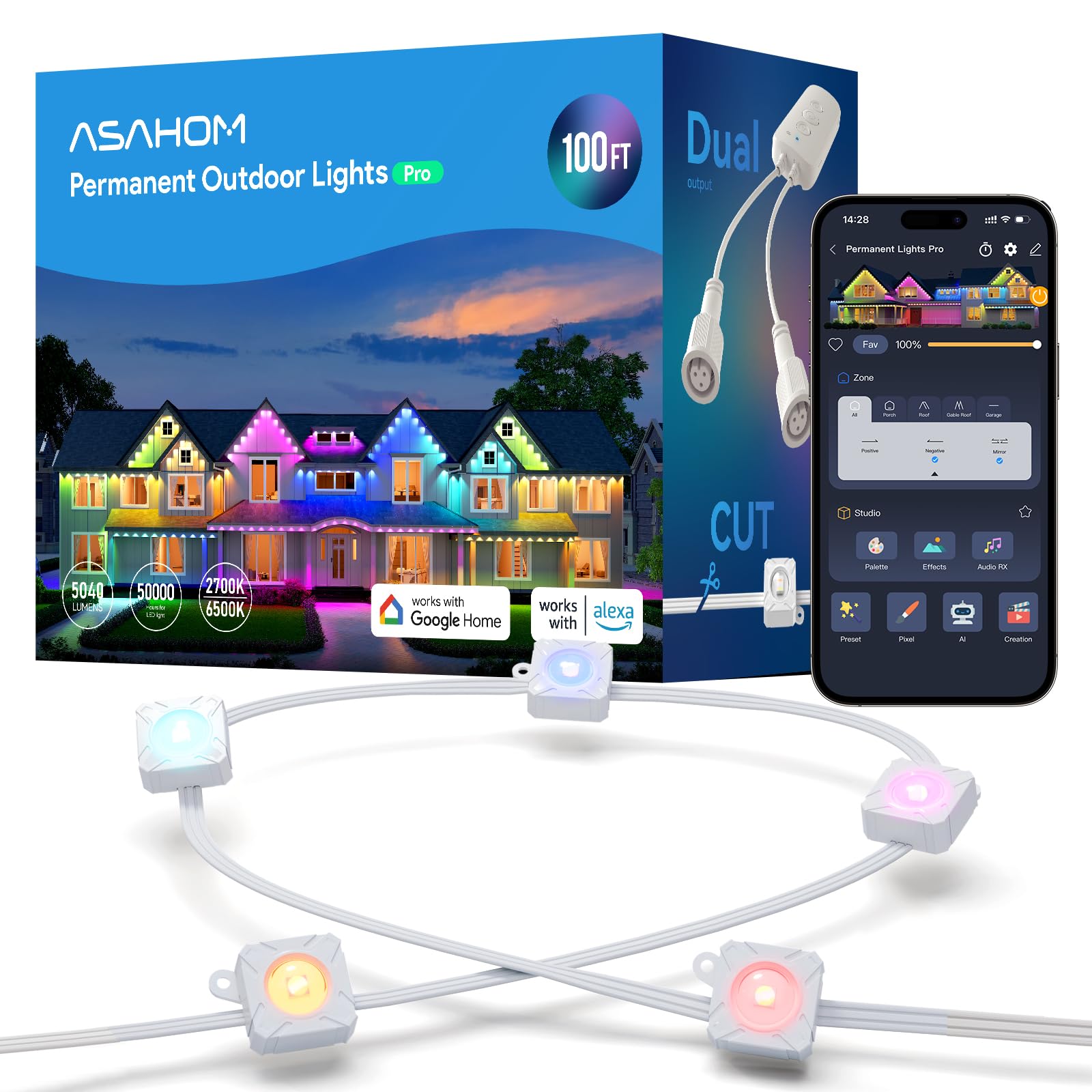 Photo 1 of ASAHOM Permanent Outdoor Light Pro S108B, 100FT with 72 RGBCW 70lm LED, WLED Integration, AI Lighting, 30000 Lighting Effect Combination, IP67 Waterproof for Halloween Christmas and Daily Decor, White