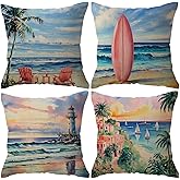 ULOVE LOVE YOURSELF Beach Pillow Covers Blue Pink Seaside Throw Pillowcases Beach Chairs Surfboard Lighthouse Palm Trees 4 Pack Summer Coastal Cushion Cover 18 x 18 inch for Sofa Couch