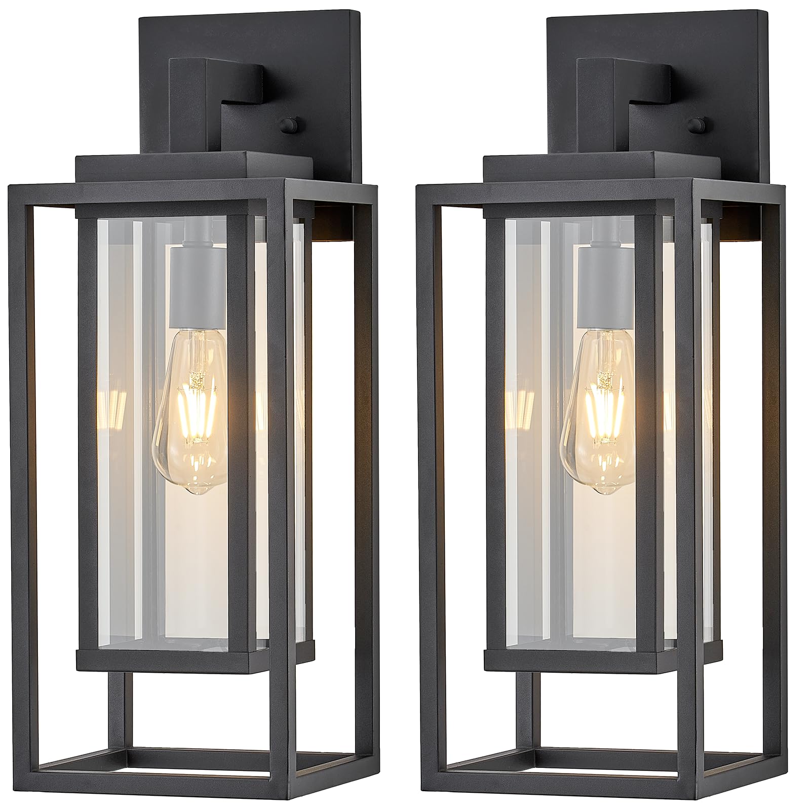 View 1 of ***ONLY ONE****21" Outdoor Wall Light Fixtures Waterproofed Exterior Lantern W/Sturdy Rectangular Double Cage In Satin Black&Clear Tempered Glass,Sconce Mounted For House Patio,Front door,Porch,Garage Lighting 2Pack