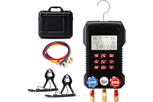Digital Manifold Gauge, Digital AC Gauge Set SIMBOW AMF-300 HVAC Gauges with Strong Performance 3000 Psi Air Hose, Two Color Strong Biting Force Temperature Clamp for HVAC System Install Tool