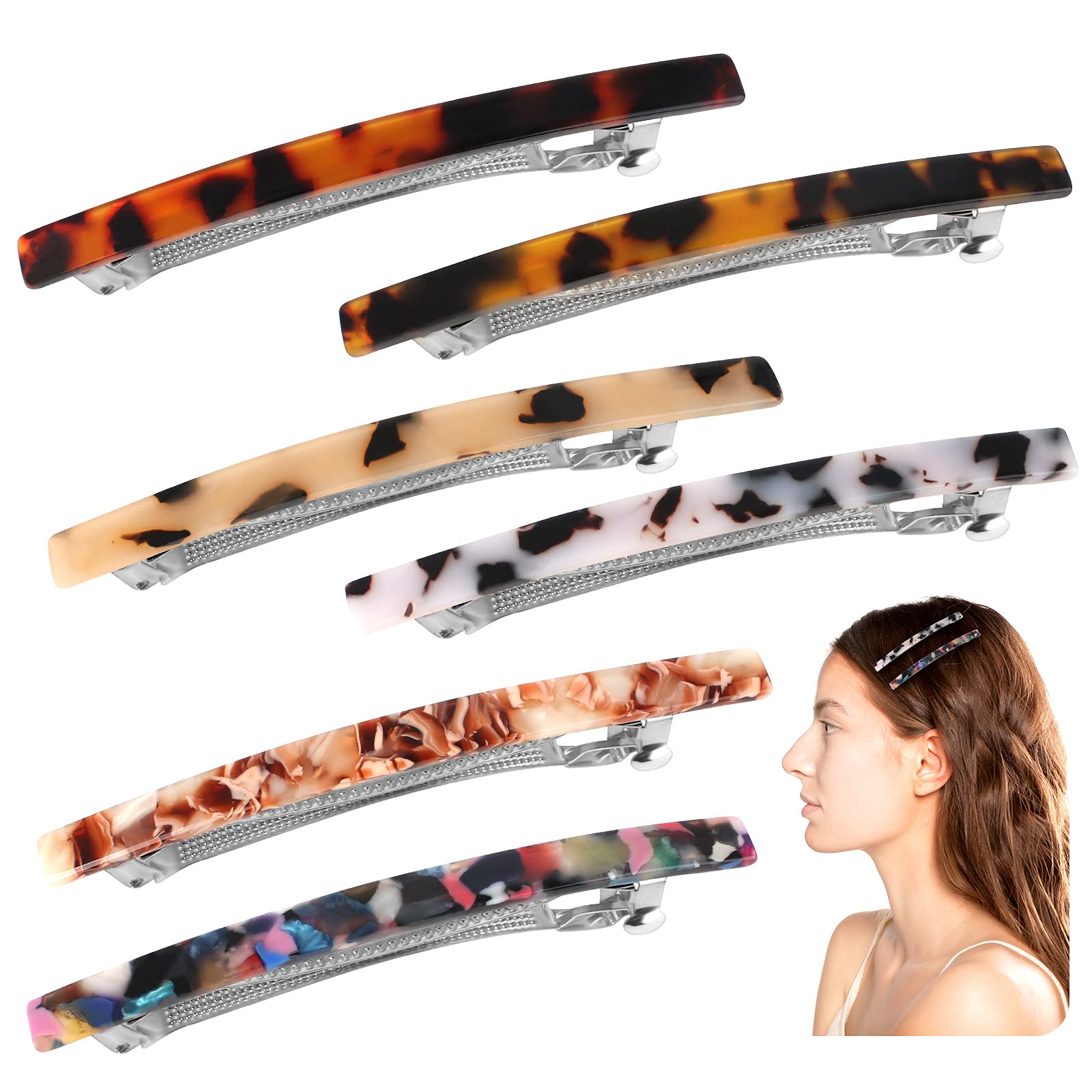 6Pcs 10cm Long Thin Hair Clip Tortoise Shell French Hair Barrette Rectangular Automatic Hair Clips Large Celluloid Leopard Hair Clip for Women Girls Thick Medium Hair(6 Styles)